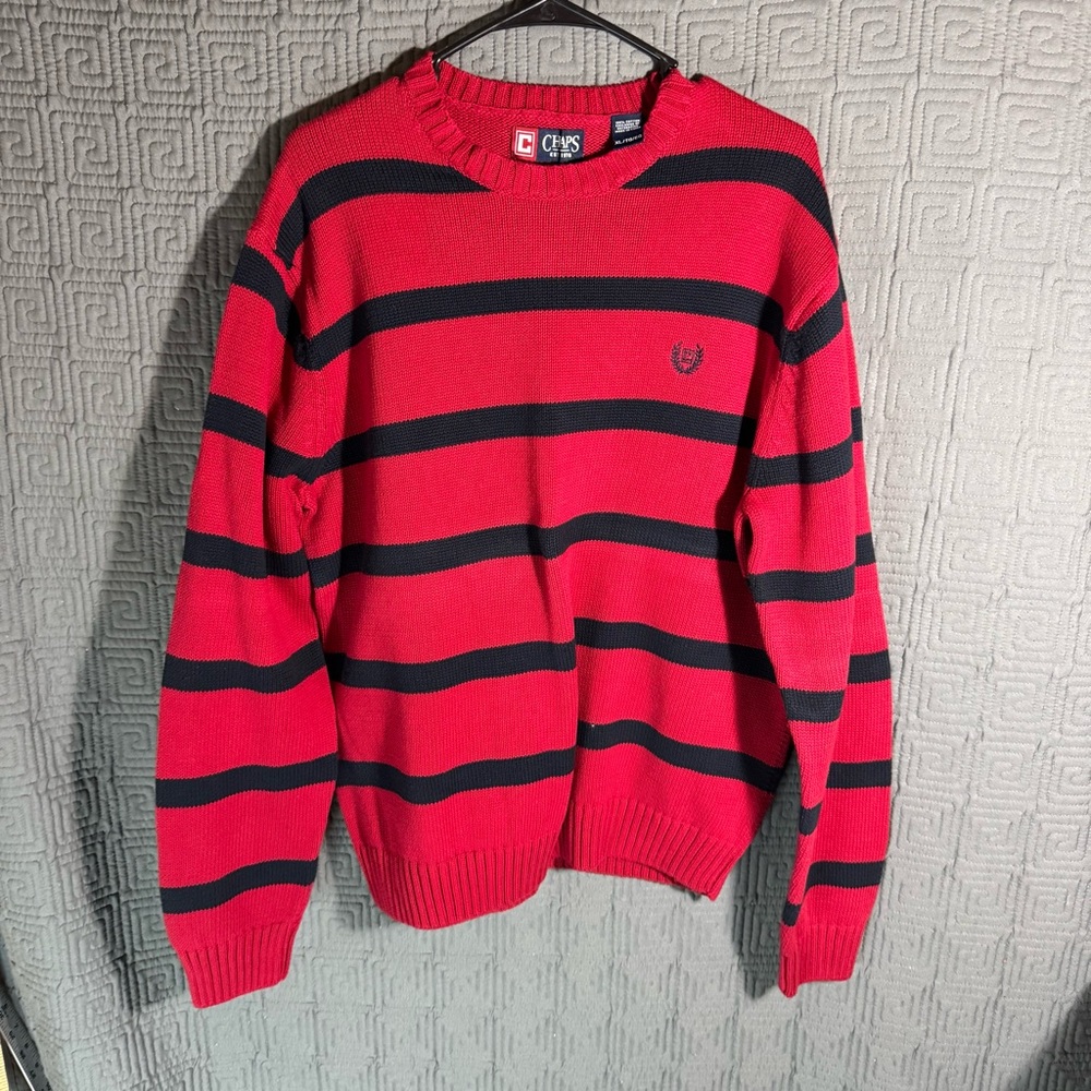 Chaps Pullover Sweater Mens Size XL Knit Red Navy Blue Striped 100% Cotton